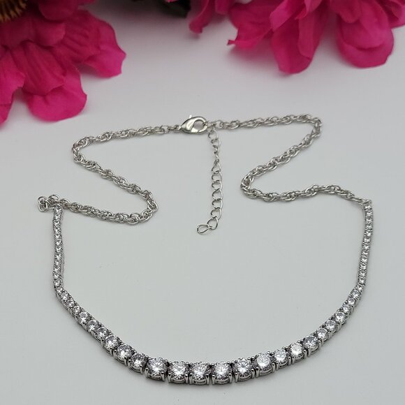 Stunning JCM Clear Cubic Zirconia Collar Necklace Silver Rhodium Plated 20" Adj. - Picture 1 of 7